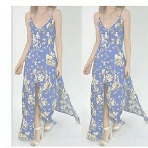 Blue floral button-up dress with front slit